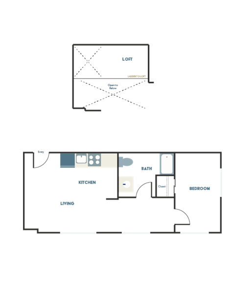 Floor plan for 1 bed, 1 bath, 476 sqft